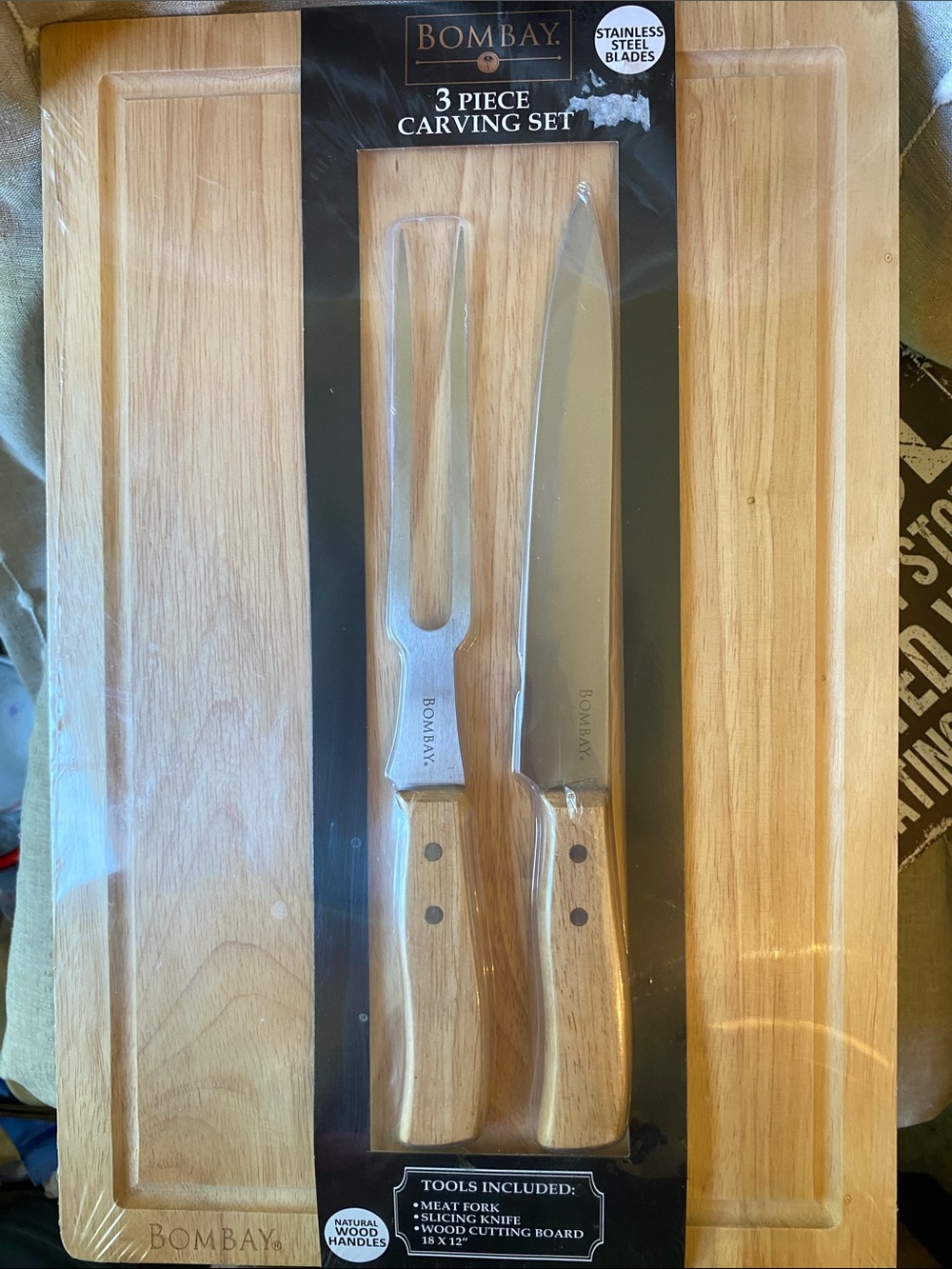 Bombay 3-Piece Carving Set with Light Wood Handles and Stainless Blades